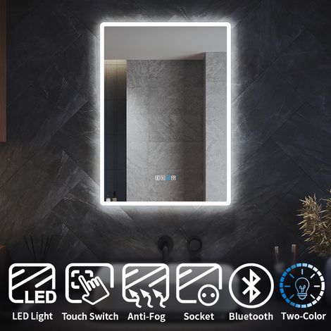 Elegant – Bluetooth bathroom LED mirror 700x500mm – Wall mounted with shaver socket – 2 color backlit – Demister pad and touch switch (1/5)