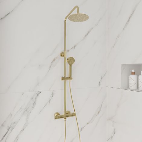 Round Brushed Brass Thermostatic Shower Kit with Fixed Head and Handset (1/3)