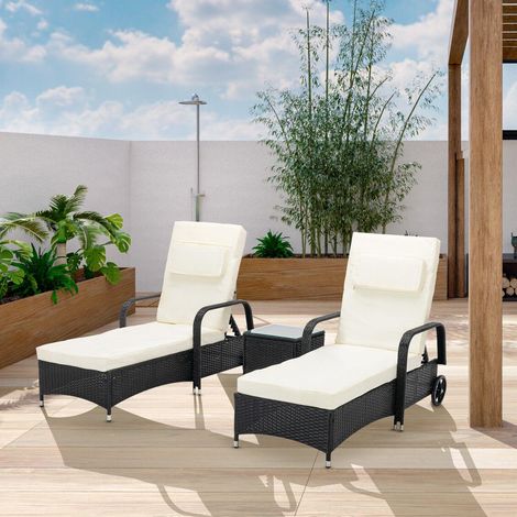 3 Pieces Rattan Sun Lounger Bed Recliner Outdoor Chair & Side Table Set Venice BLACK (1/5)