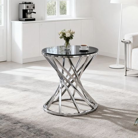 AINPECCA 80CM Round Sofa Side Table With Tempered Glass Silver Stainless Steel Frame (1/5)