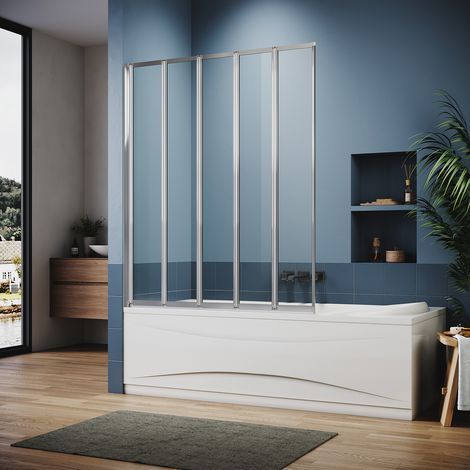 ELEGANT Bath Screen Chrome 5 Fold Pivot Shower Screen for Bath 1200x1400mm Glass Screen 4mm Safety Tempered Glass Panel (1/5)