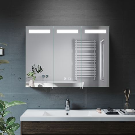 ELEGANT Bathrrom Wall Cabinet Illuminated LED Mirror Shaver Socket Bluetooth Speakers Sensor 900x650mm Stainless Steel Cupboard (1/5)