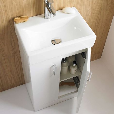 Gloss White 450mm Bathroom Vanity Unit Basin Sink Two Door Cabinet (1/3)