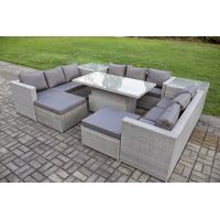 Fimous 11 Seater PE Rattan Garden Funiture Set Outdoor Height Adjustable Rising Lifting Table Sofa Dining Set with 2 Side Tables 2 Big Footstools - 2