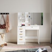 ELEGANT Modern Sliding Mirror Dressing Table 5 Drawers Bedroom White Makeup Desk Vanity Single Table and LED Mirror Lights - 4