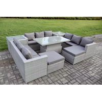 Fimous 11 Seater PE Rattan Garden Funiture Set Outdoor Height Adjustable Rising Lifting Table Sofa Dining Set with 2 Side Tables 2 Big Footstools - 3