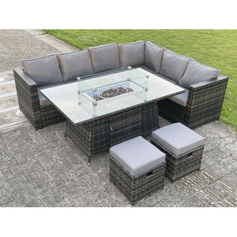 Fimous Outdoor Rattan Garden Corner Furniture Gas Fire Pit Table Sets Gas Heater Lounge Small Footstools Dark Grey Mixed 8 Seater - 1