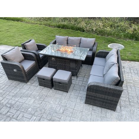 Fimous Outdoor Rattan Garden Furniture High Back Sofa Set Fire Pit Dining Table Gas Heater 2 Recling Chairs 3 Seater Lounge Sofa Footstools 10 Seater - 1