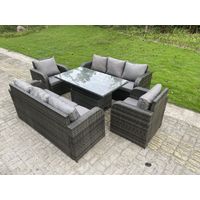 Fimous Outdoor Rattan Garden Furniture Sofa Set Lounge Sofa Dining Table Height Adjustable Rising Lifting Table Reclining Arm Chairs 8 Seater - 2