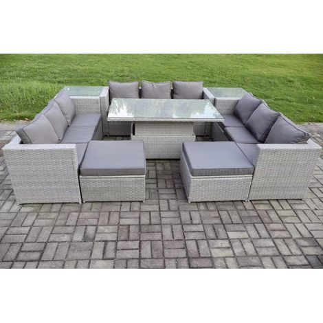 Fimous 11 Seater PE Rattan Garden Funiture Set Outdoor Height Adjustable Rising Lifting Table Sofa Dining Set with 2 Side Tables 2 Big Footstools - 1