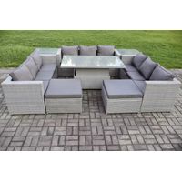 Fimous 11 Seater PE Rattan Garden Funiture Set Outdoor Height Adjustable Rising Lifting Table Sofa Dining Set with 2 Side Tables 2 Big Footstools - 1