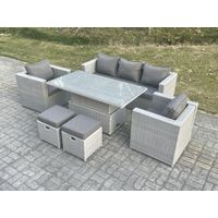 Fimous Rattan Garden Funiture Set Adjustable Rising Lifting Table Sofa Dining Set With 2 Arm Chair Stool - 1