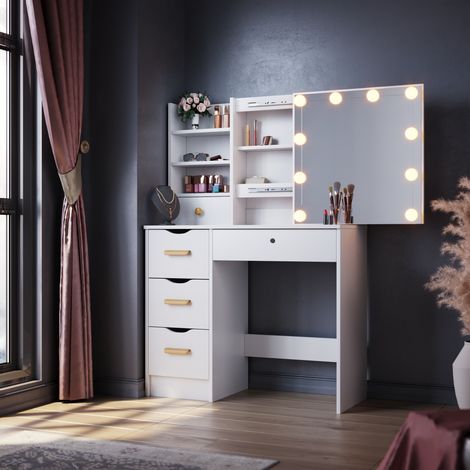 ELEGANT Modern Sliding Mirror Dressing Table 5 Drawers Bedroom White Makeup Desk Vanity Single Table and LED Mirror Lights - 1