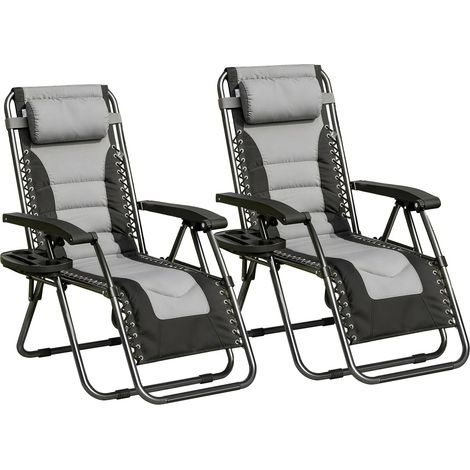 Set of 2 Zero Gravity Heavy Duty Outdoor Garden Reclining Chairs with Padded Seat Black/Grey - 1