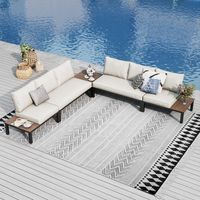 PHI VILLA Garden Furniture Metal Corner Sofa 6 Seaters L shaped Outdoor Conversation Sofa Couch Set Patio Furniture Sets with Thickened Cushions Beige