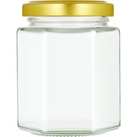 196ml/7oz Pack of 72 Hexagonal Jam Jars with Lids, Glass Storage Honey Jars Pickles Chutneys with Screw Gold Lid