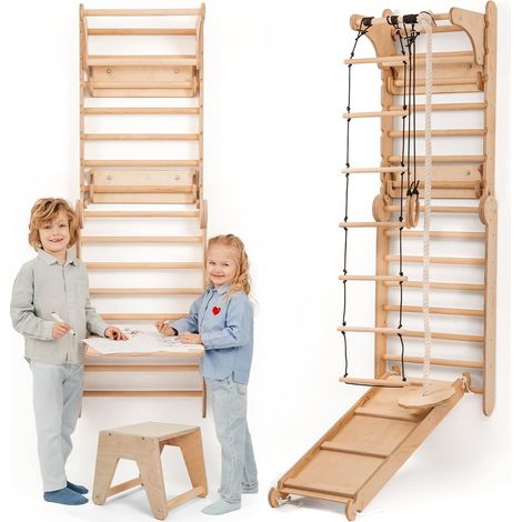6-in-1 Wooden Indoor Swedish Ladder Set with Slide – Versatile Children's Climbing Frame with Monkey Bars & Drawing Accessory – Ideal for Kids Ages 2-12