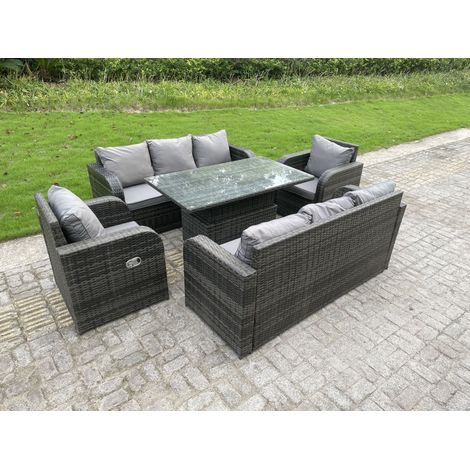Fimous Outdoor Rattan Garden Furniture Sofa Set Lounge Sofa Dining Table Height Adjustable Rising Lifting Table Reclining Arm Chairs 8 Seater
