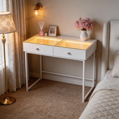 FENCHILIN Dressing table with LED lighting，Three Light Settings,Adjustable Brightness,2-drawer Vanity table 100 x 81 x 55 cm White