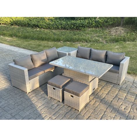 Fimous Rattan Garden Funiture Set Height Adjustable Rising Lifting Table Sofa Dining Set With Side Coffee Tea Table Stool