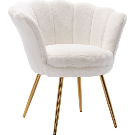 Accent Chair in Faux Fur Modern Vanity Armchair with Unique Petal Backrest Tub Chair for Home Bedroom Living Room, White, Wahson