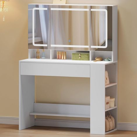 WOLTU Dressing Table, Large Mirror Vanity Makeup Desk Behind the Mirror with Jewelry Storage, Side Storage White